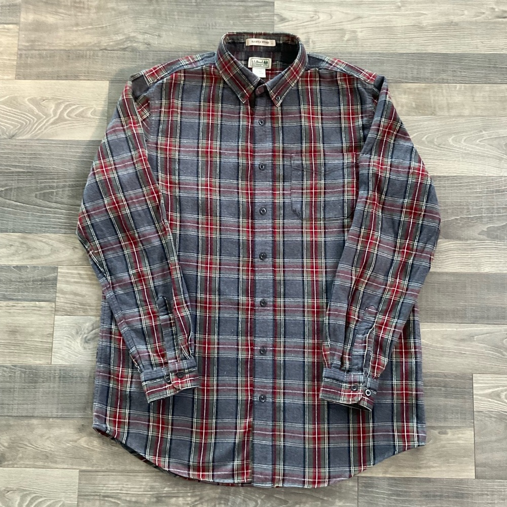 LL Bean Flannel Shirt Men’s LARGE TALL Slightly Fitted Grey Red Black 298167